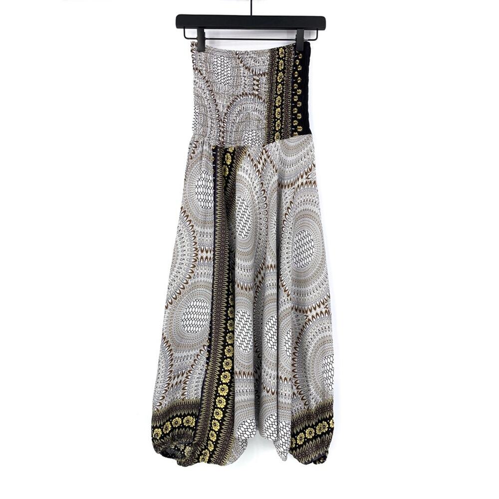 Strapless Harem Jumpsuit Brown Cream Yellow S